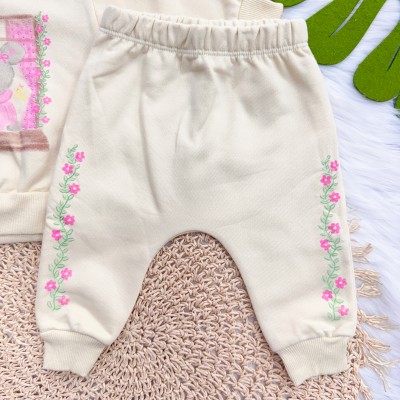 Conj. Blusa de Moletom com Capuz Ratinha e Calça com Flores - Areia